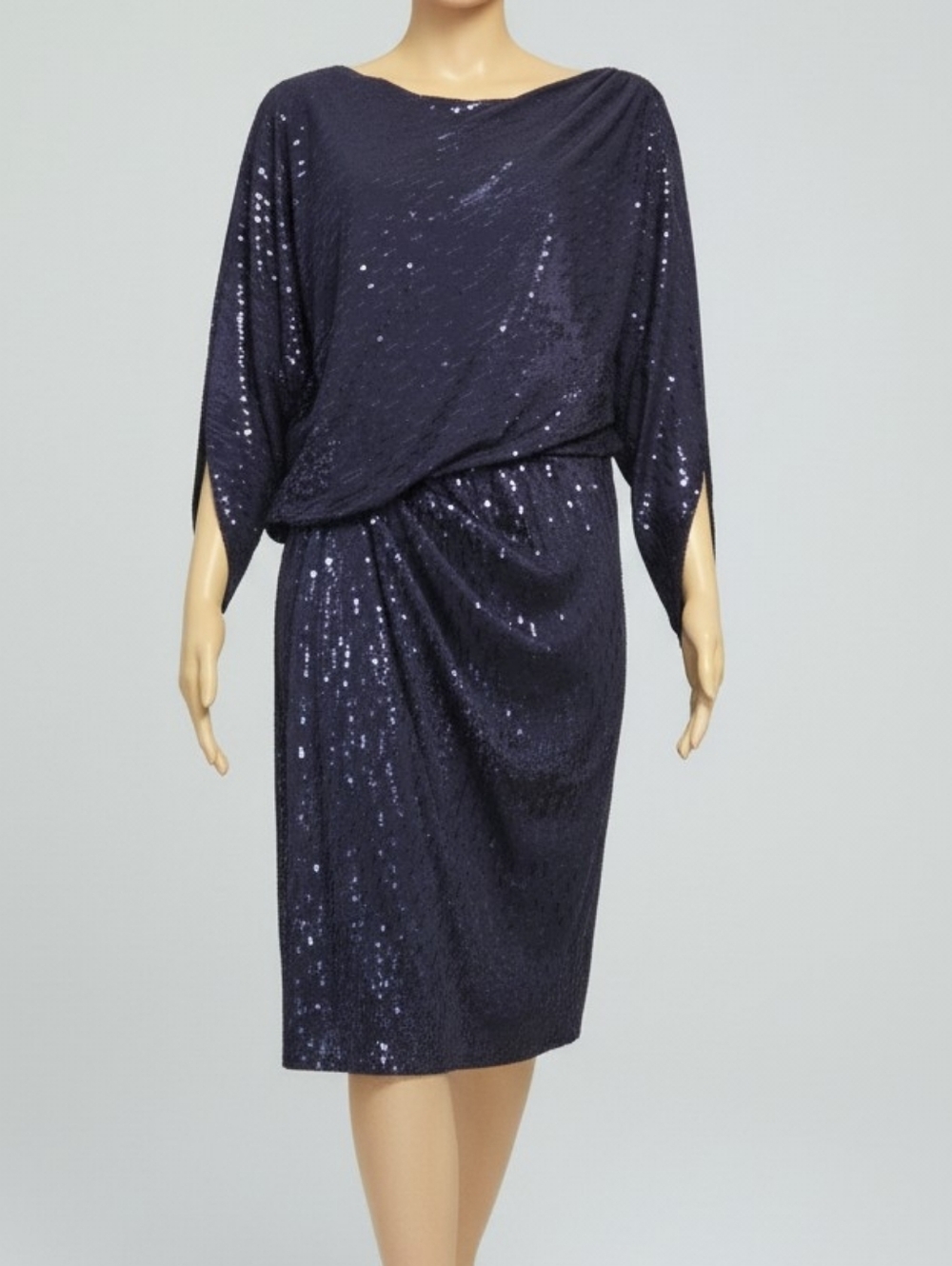 David Meister Navy Blue Sequin Draped Batwing Cocktail Dress Size US 10